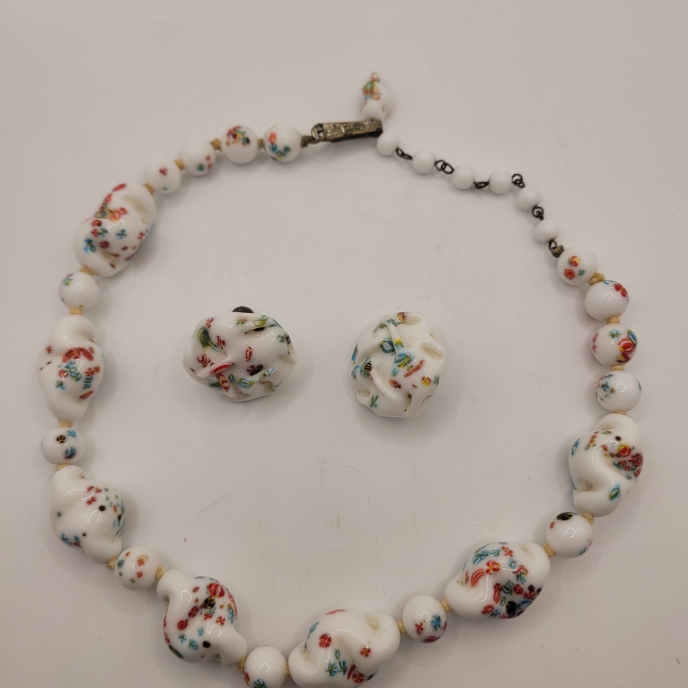 Milk Glass Antique Floral Necklace Earring Set